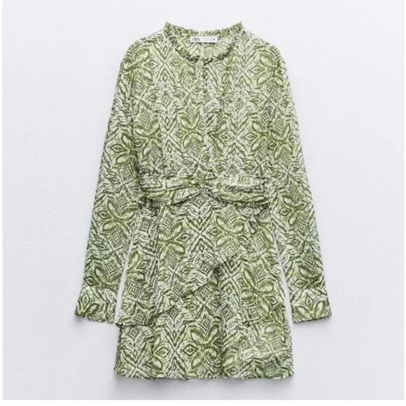 NWOT Zara Green and White Printed Mini Dress Size Large - Picture 4 of 10